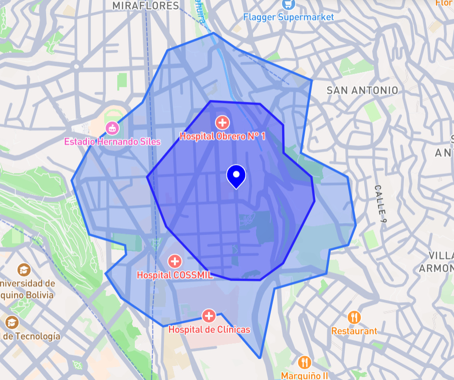 Mapa de isocronas peatonales de 5 y 10 minutos desde el terreno
